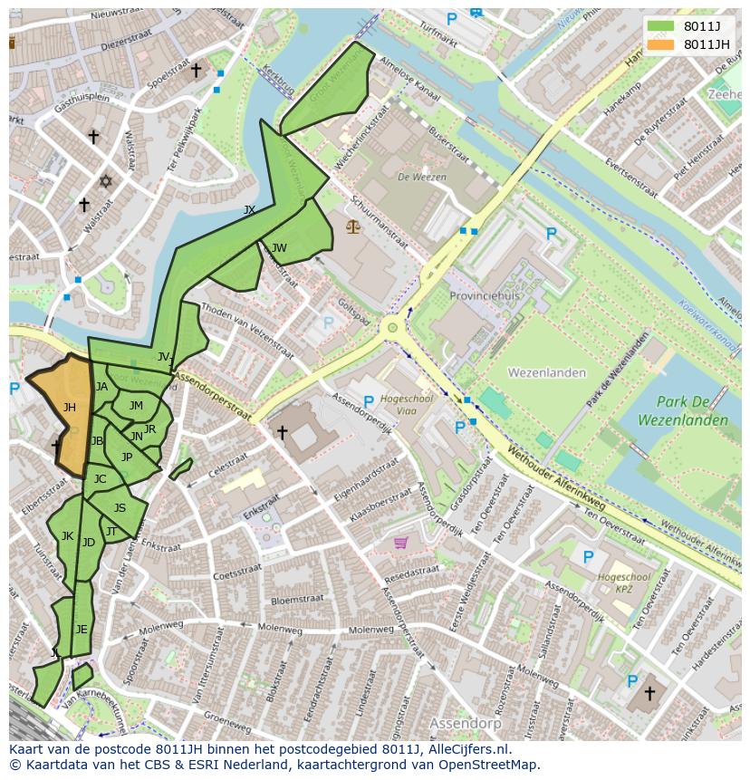 Afbeelding van het postcodegebied 8011 JH op de kaart.