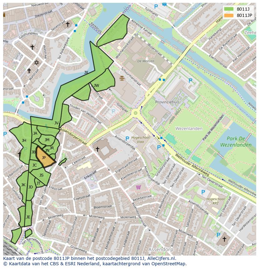 Afbeelding van het postcodegebied 8011 JP op de kaart.