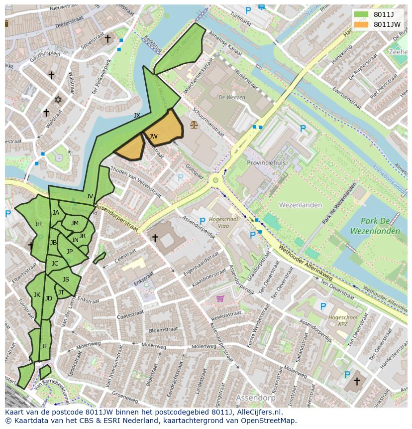 Afbeelding van het postcodegebied 8011 JW op de kaart.