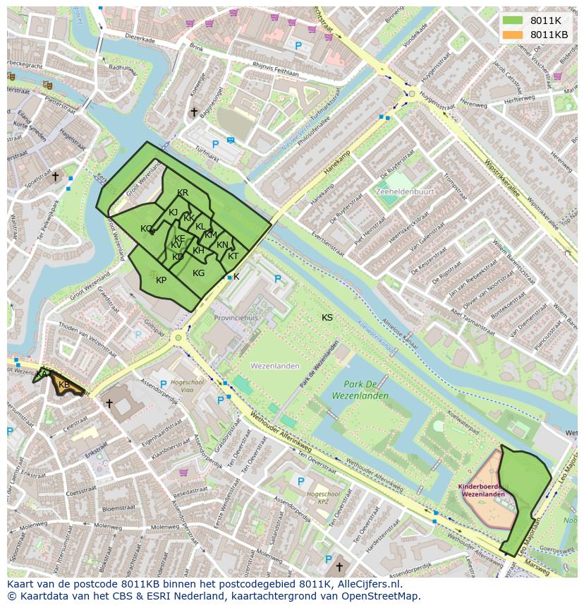 Afbeelding van het postcodegebied 8011 KB op de kaart.