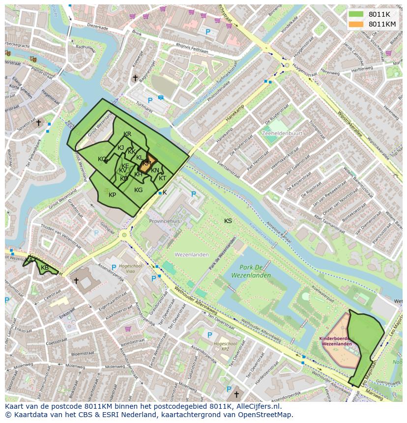 Afbeelding van het postcodegebied 8011 KM op de kaart.