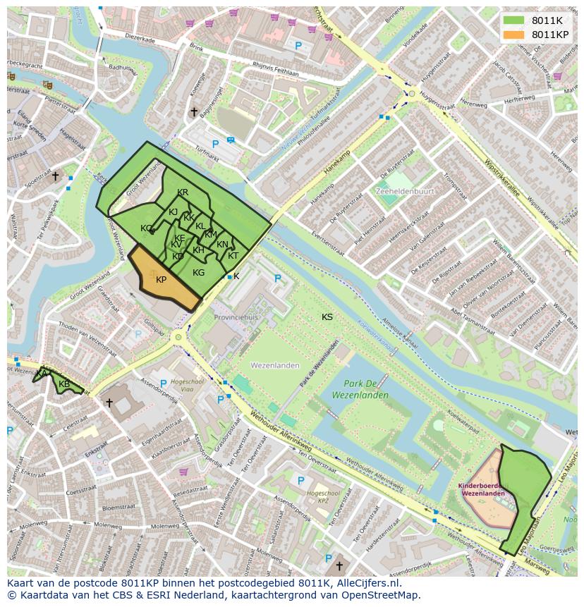 Afbeelding van het postcodegebied 8011 KP op de kaart.
