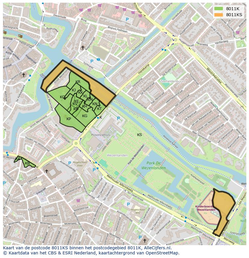 Afbeelding van het postcodegebied 8011 KS op de kaart.