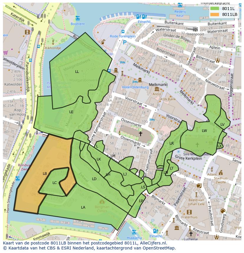 Afbeelding van het postcodegebied 8011 LB op de kaart.