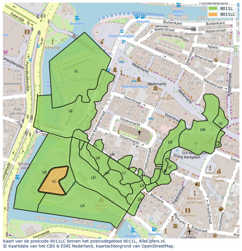 Afbeelding van het postcodegebied 8011 LC op de kaart.