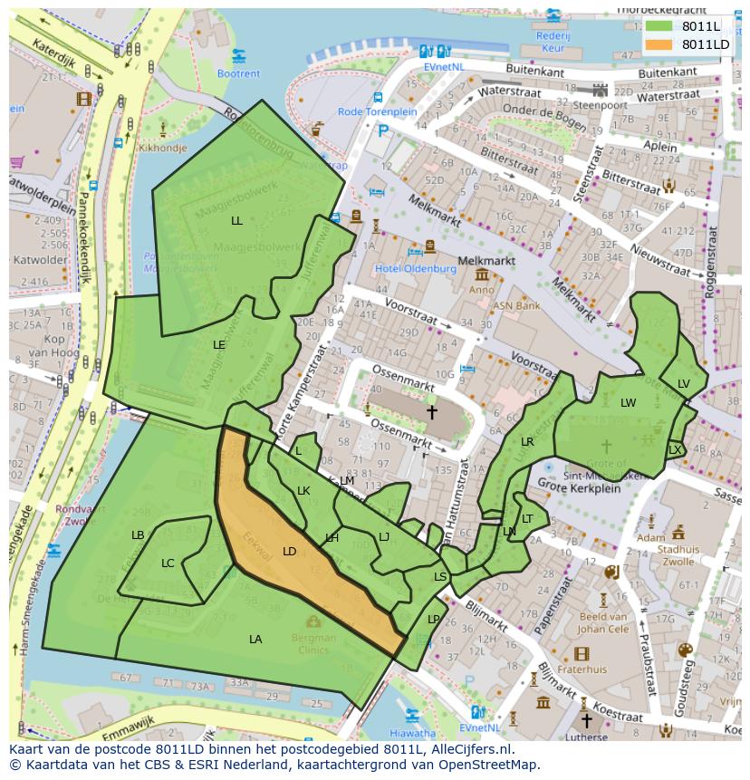 Afbeelding van het postcodegebied 8011 LD op de kaart.