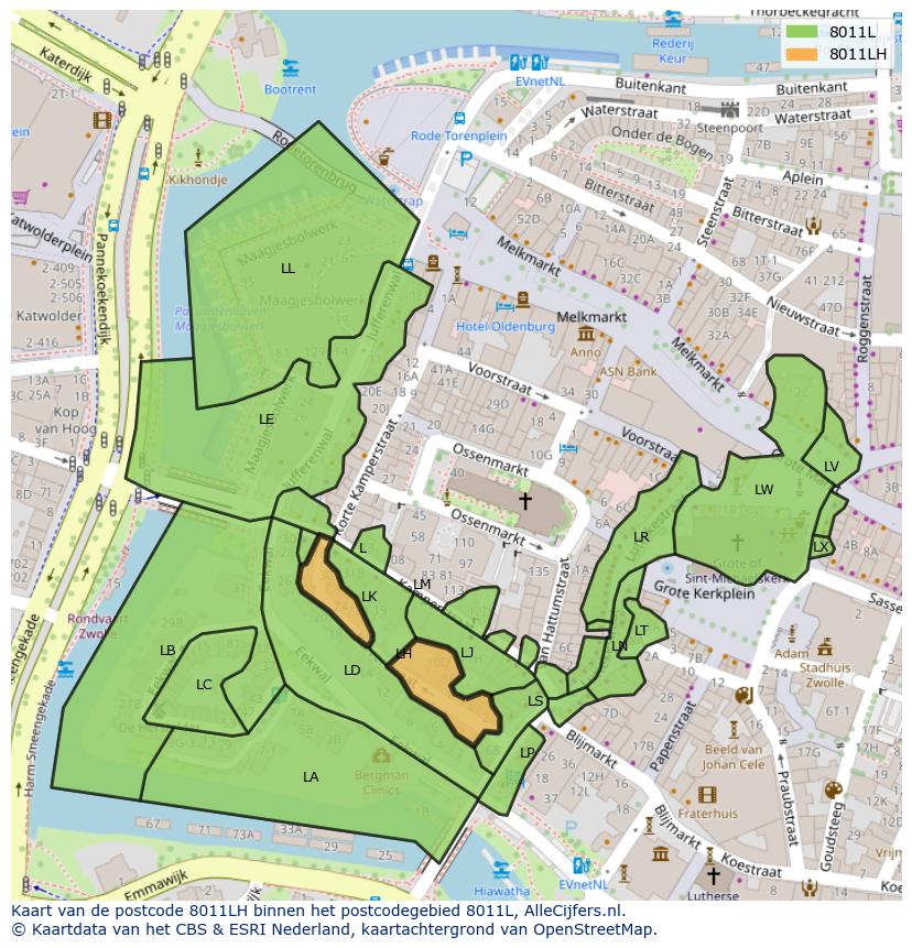 Afbeelding van het postcodegebied 8011 LH op de kaart.