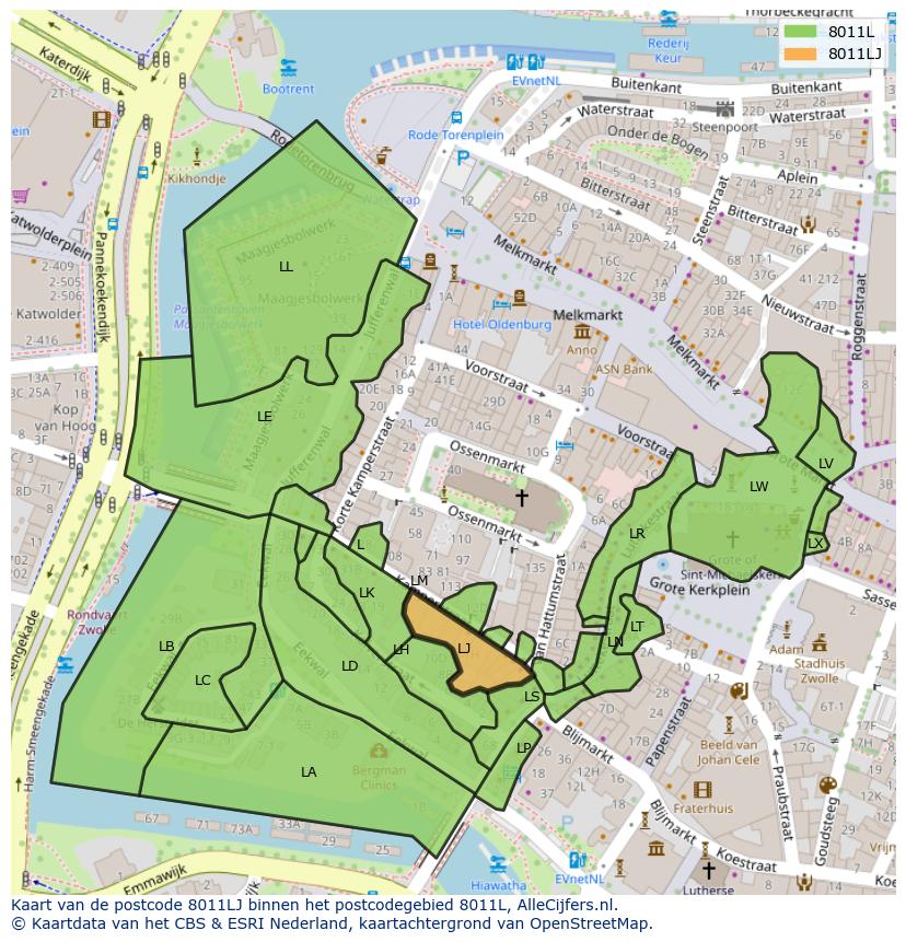 Afbeelding van het postcodegebied 8011 LJ op de kaart.