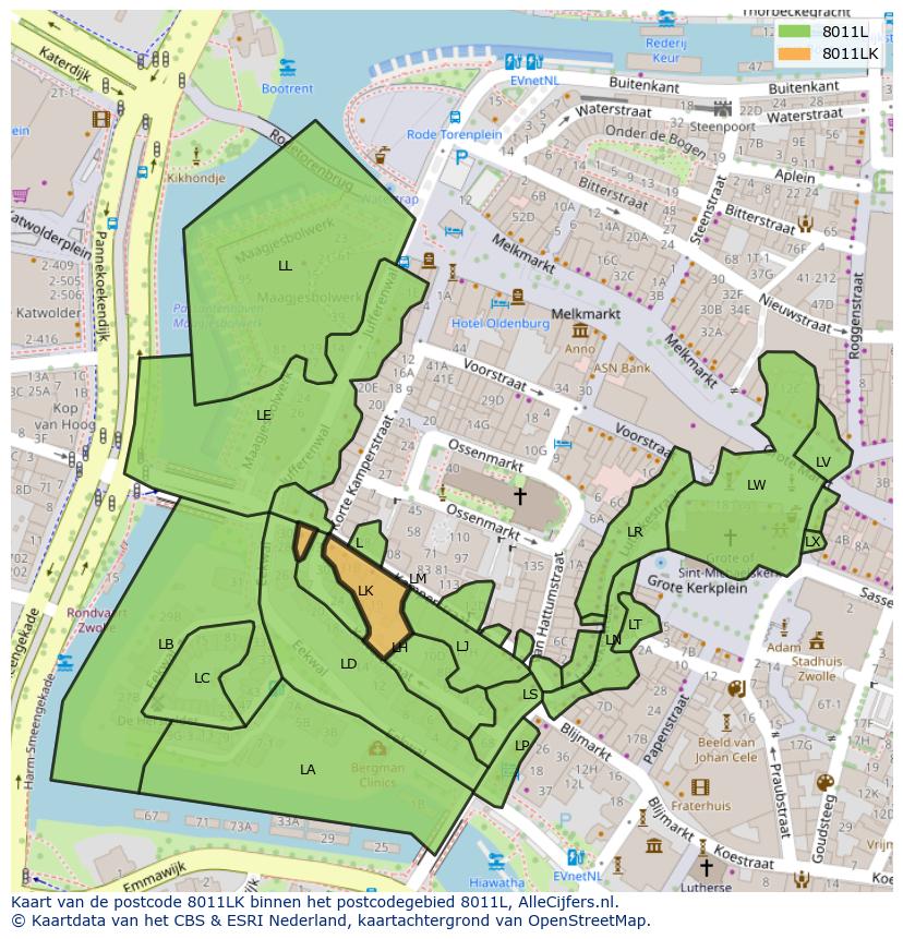 Afbeelding van het postcodegebied 8011 LK op de kaart.