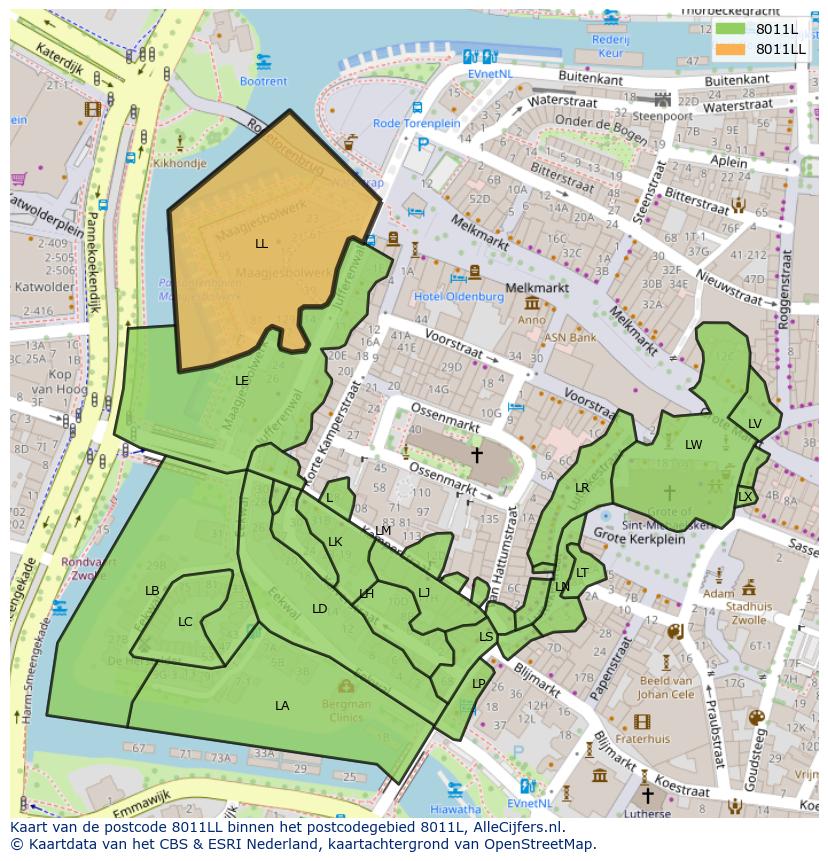 Afbeelding van het postcodegebied 8011 LL op de kaart.