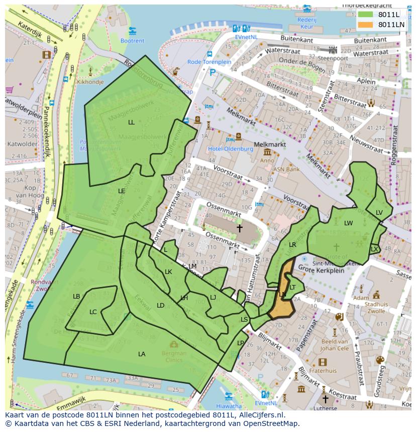 Afbeelding van het postcodegebied 8011 LN op de kaart.