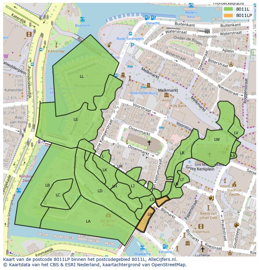 Afbeelding van het postcodegebied 8011 LP op de kaart.