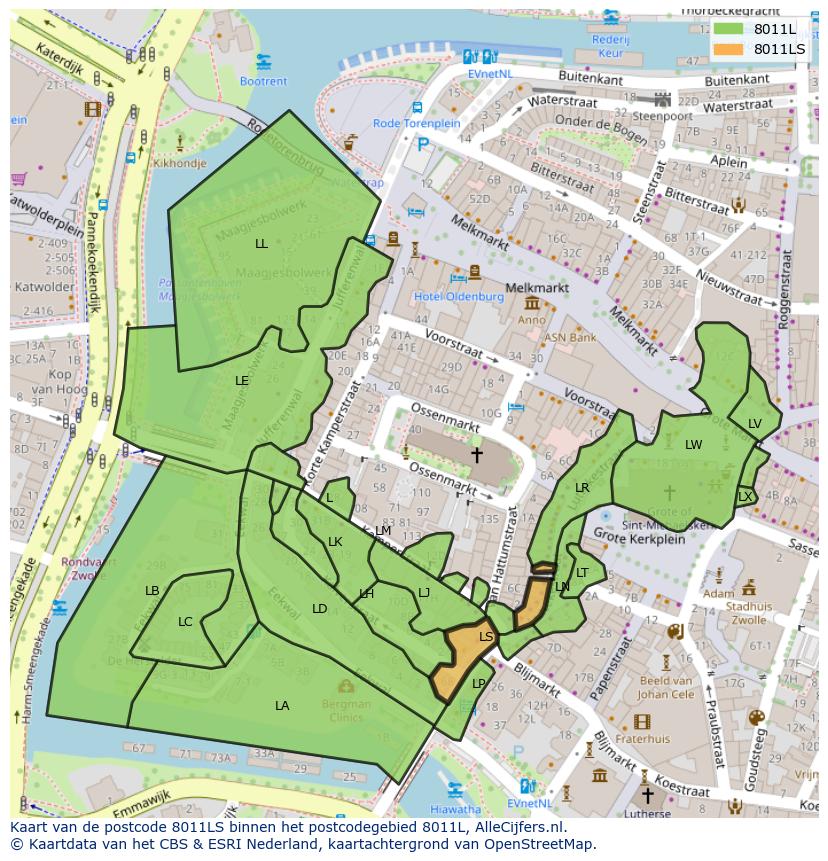 Afbeelding van het postcodegebied 8011 LS op de kaart.