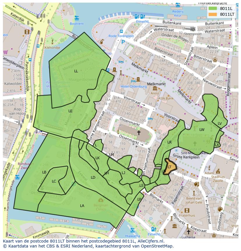 Afbeelding van het postcodegebied 8011 LT op de kaart.