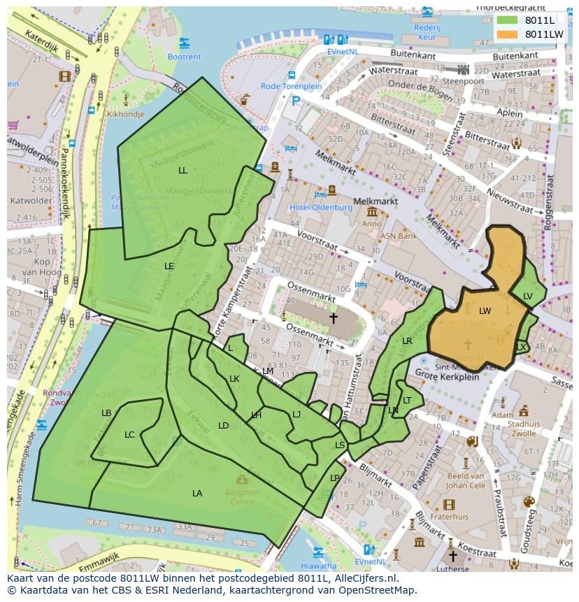 Afbeelding van het postcodegebied 8011 LW op de kaart.