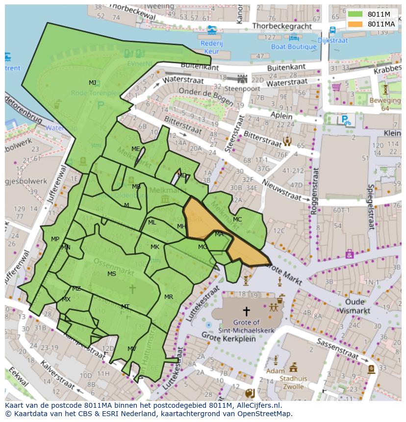 Afbeelding van het postcodegebied 8011 MA op de kaart.