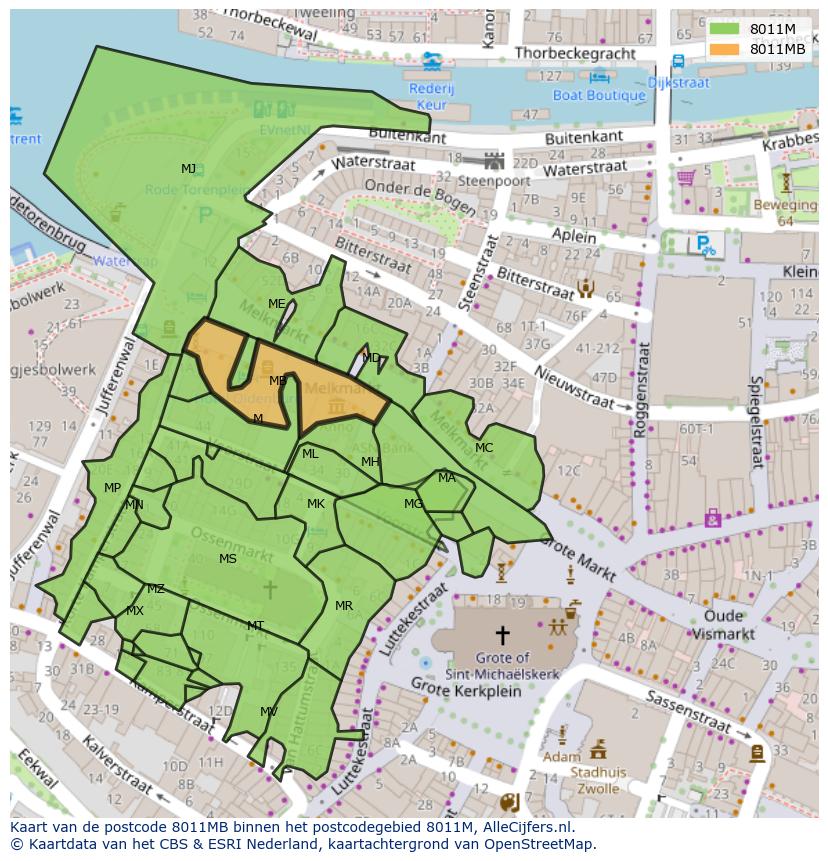 Afbeelding van het postcodegebied 8011 MB op de kaart.