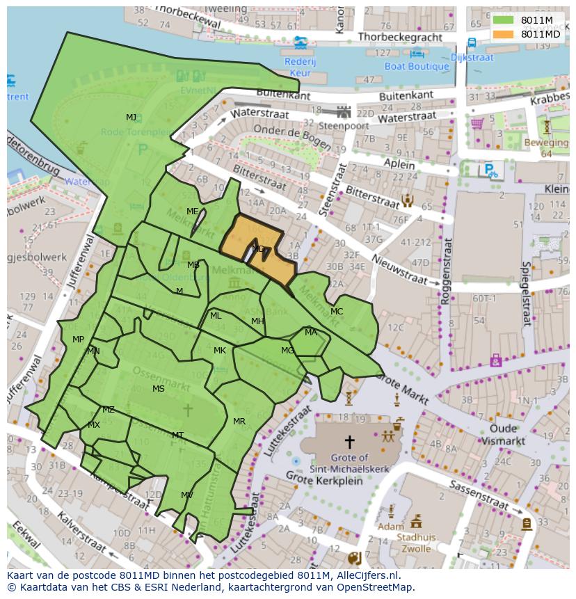 Afbeelding van het postcodegebied 8011 MD op de kaart.