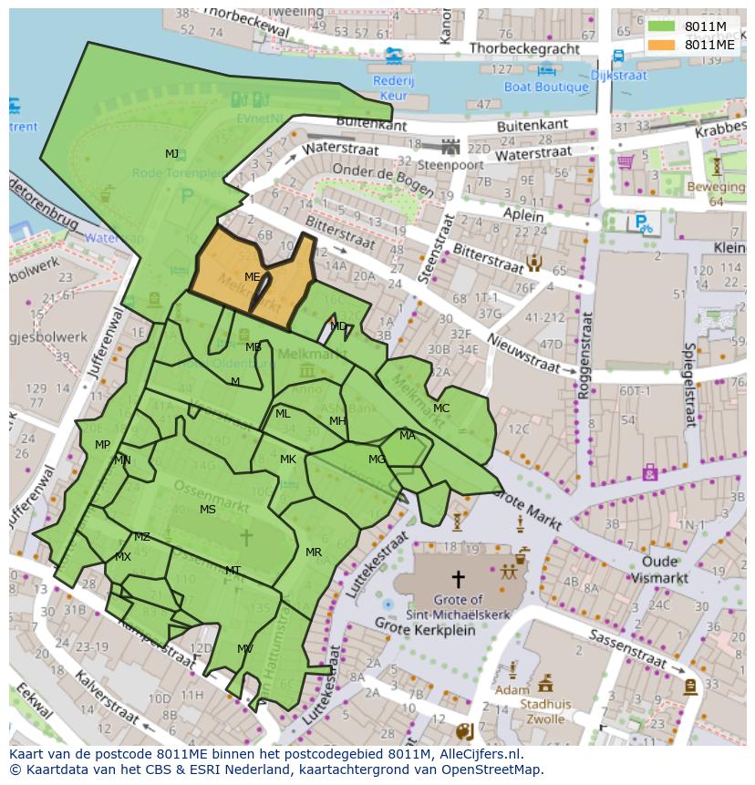 Afbeelding van het postcodegebied 8011 ME op de kaart.