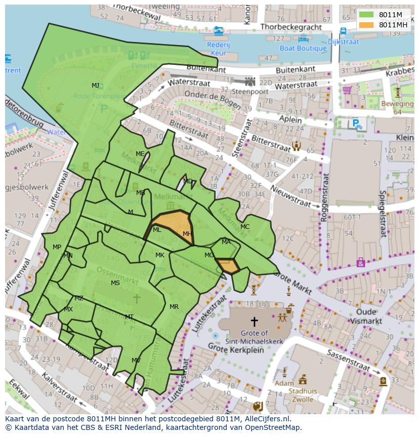 Afbeelding van het postcodegebied 8011 MH op de kaart.