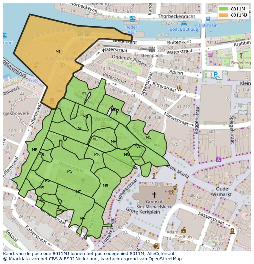 Afbeelding van het postcodegebied 8011 MJ op de kaart.