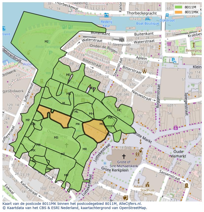 Afbeelding van het postcodegebied 8011 MK op de kaart.