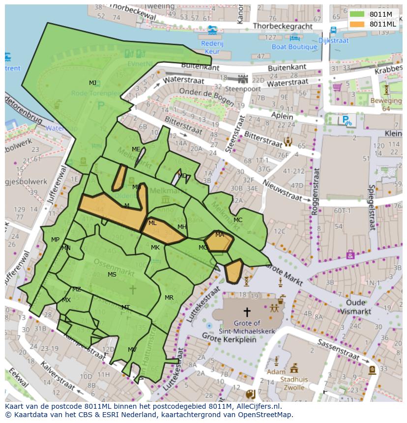 Afbeelding van het postcodegebied 8011 ML op de kaart.