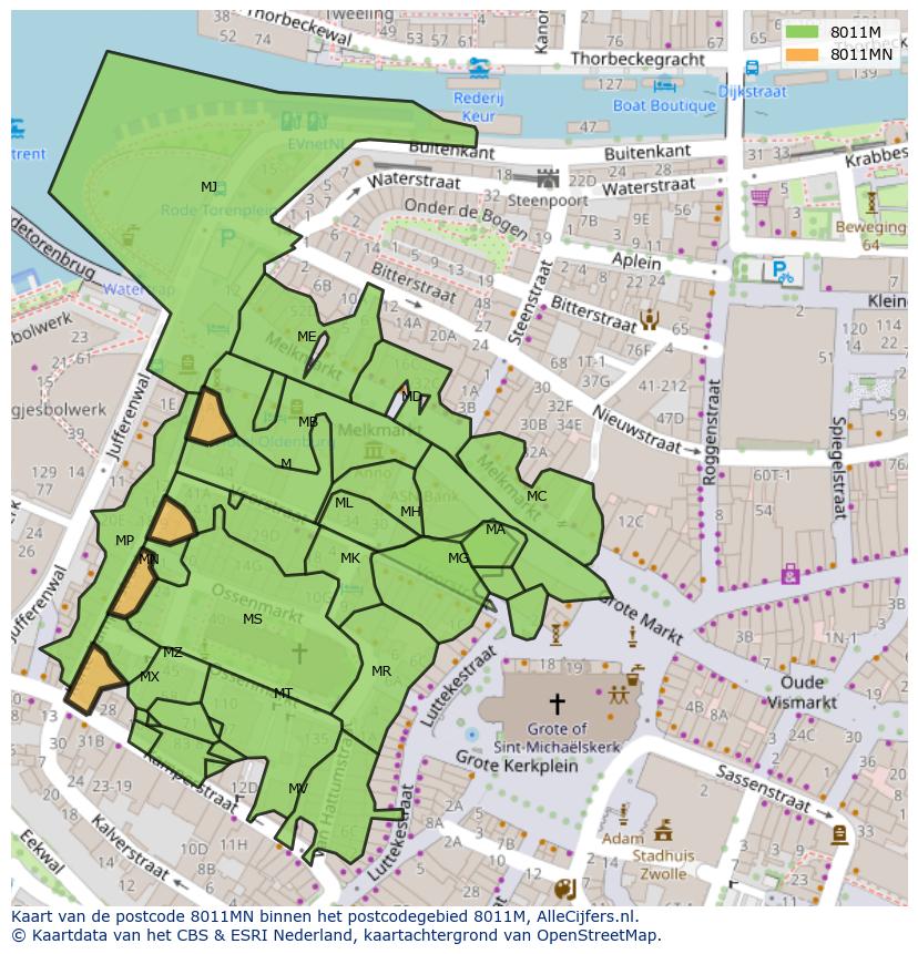Afbeelding van het postcodegebied 8011 MN op de kaart.