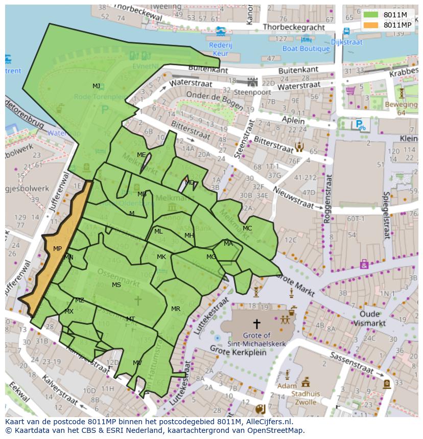 Afbeelding van het postcodegebied 8011 MP op de kaart.