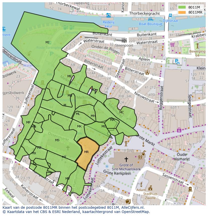 Afbeelding van het postcodegebied 8011 MR op de kaart.