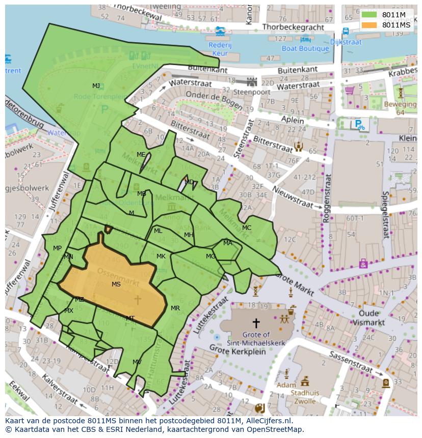 Afbeelding van het postcodegebied 8011 MS op de kaart.