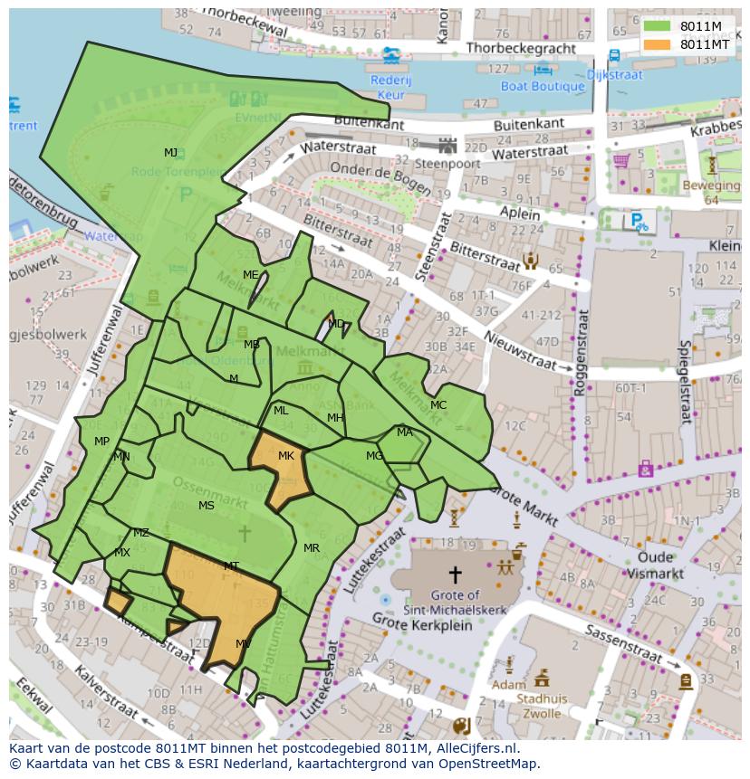 Afbeelding van het postcodegebied 8011 MT op de kaart.