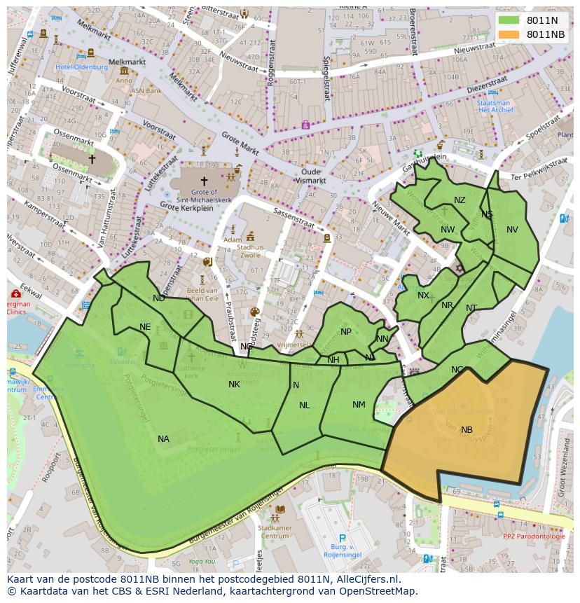 Afbeelding van het postcodegebied 8011 NB op de kaart.