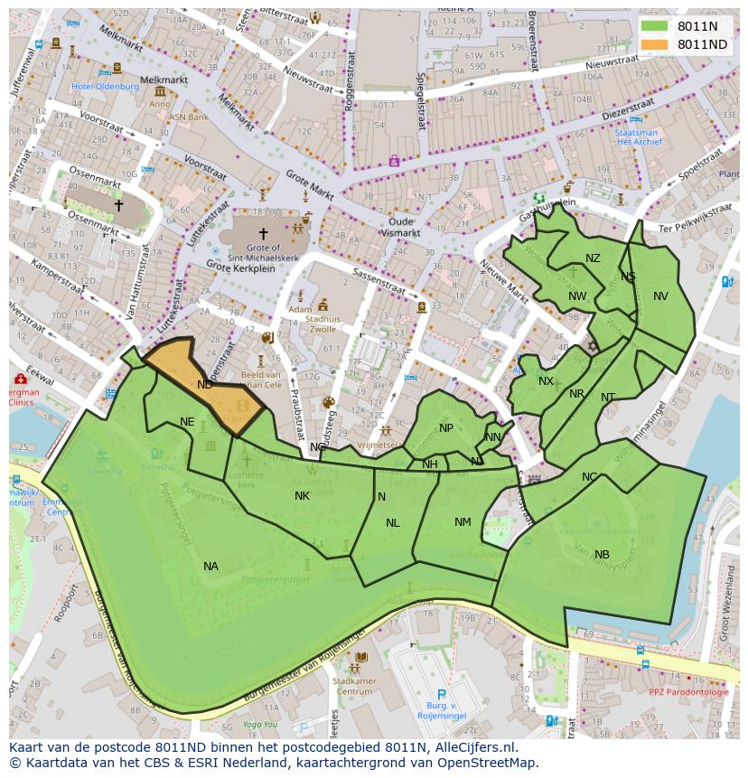 Afbeelding van het postcodegebied 8011 ND op de kaart.