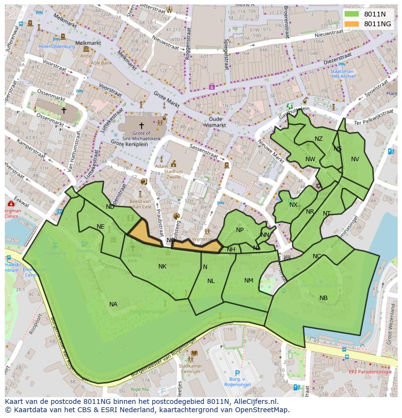 Afbeelding van het postcodegebied 8011 NG op de kaart.
