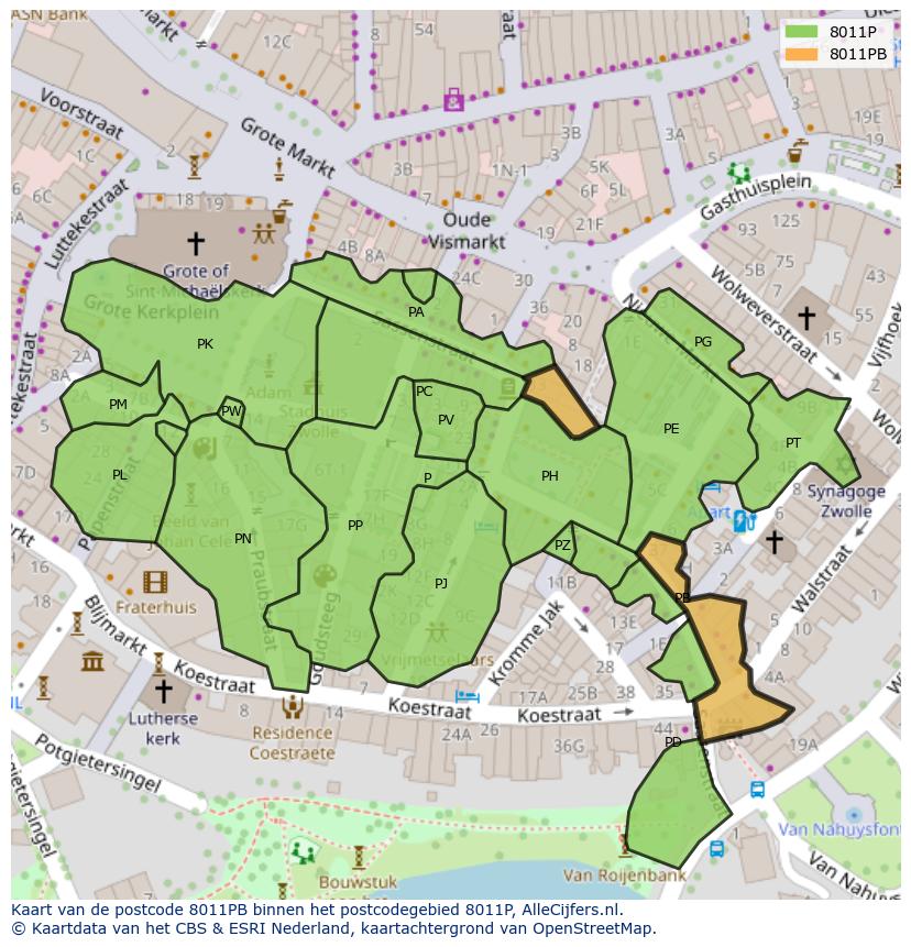 Afbeelding van het postcodegebied 8011 PB op de kaart.