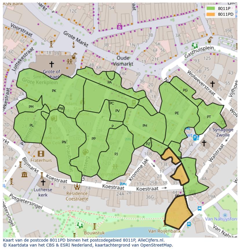 Afbeelding van het postcodegebied 8011 PD op de kaart.