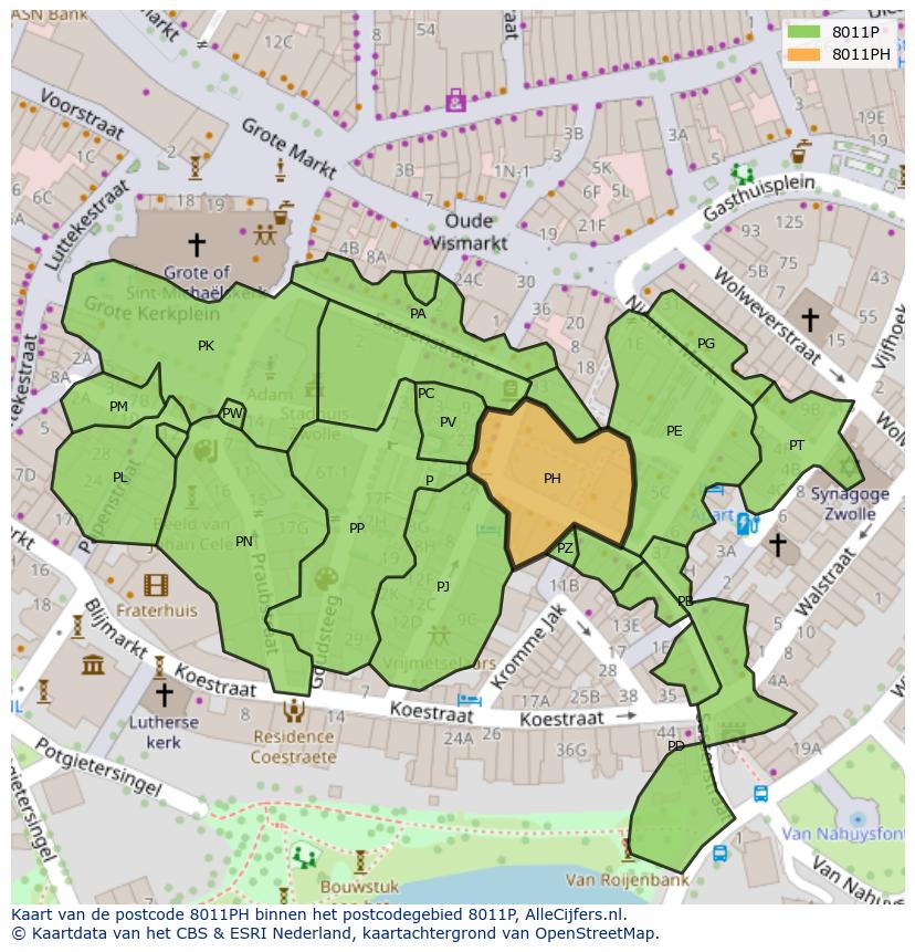 Afbeelding van het postcodegebied 8011 PH op de kaart.