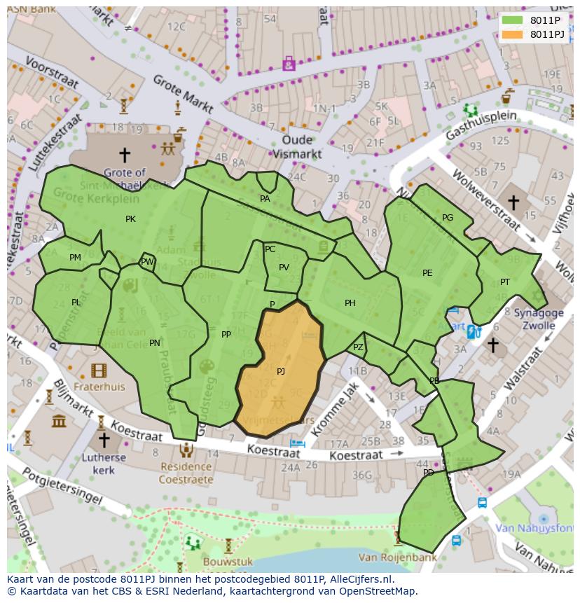 Afbeelding van het postcodegebied 8011 PJ op de kaart.