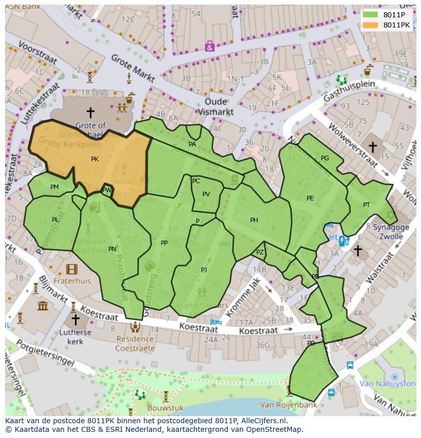 Afbeelding van het postcodegebied 8011 PK op de kaart.