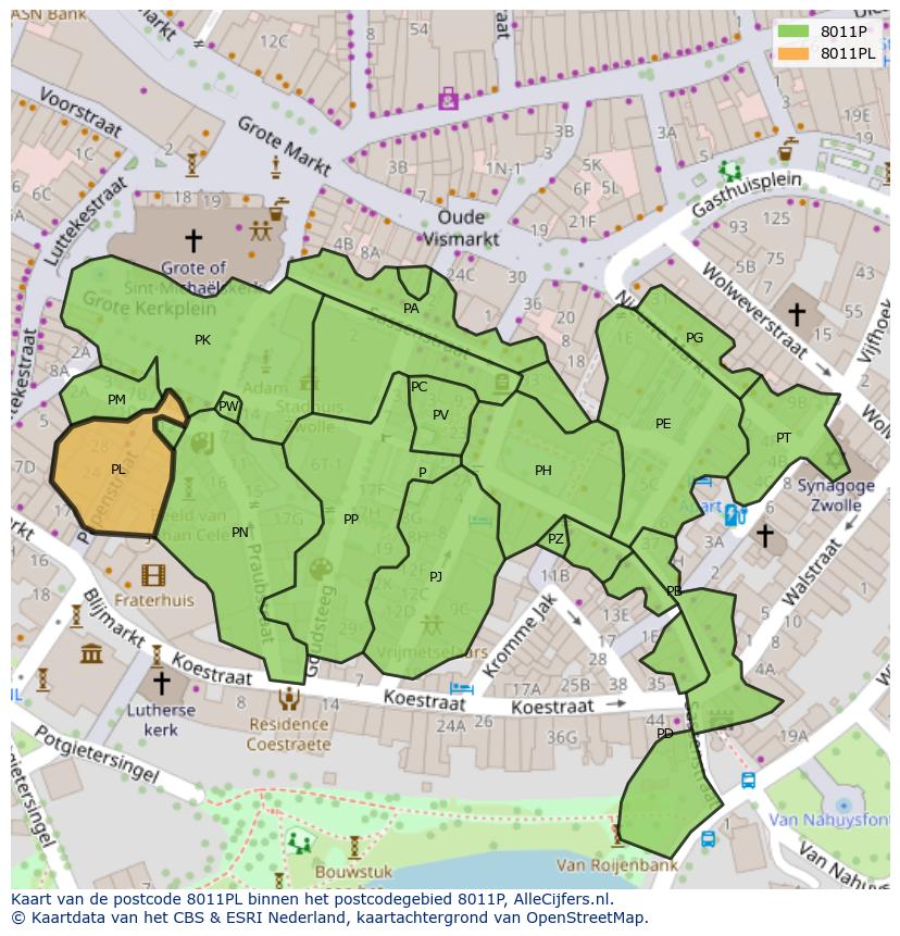 Afbeelding van het postcodegebied 8011 PL op de kaart.
