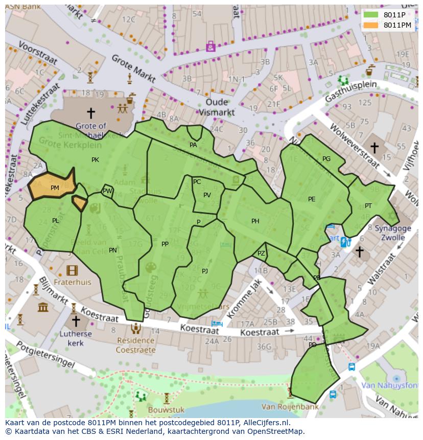 Afbeelding van het postcodegebied 8011 PM op de kaart.