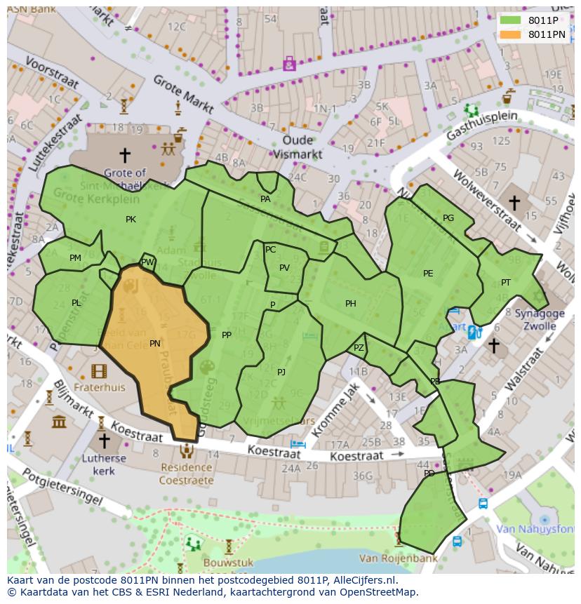 Afbeelding van het postcodegebied 8011 PN op de kaart.