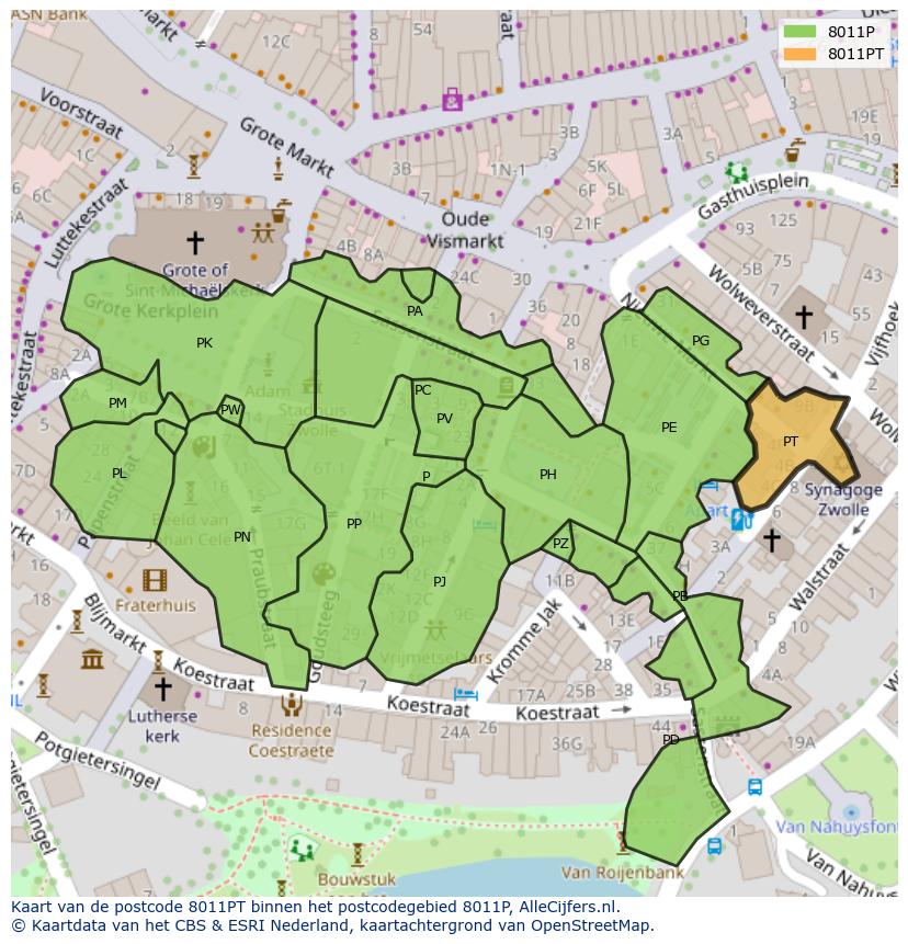 Afbeelding van het postcodegebied 8011 PT op de kaart.