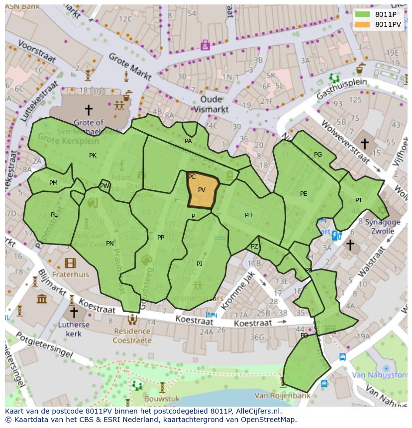 Afbeelding van het postcodegebied 8011 PV op de kaart.