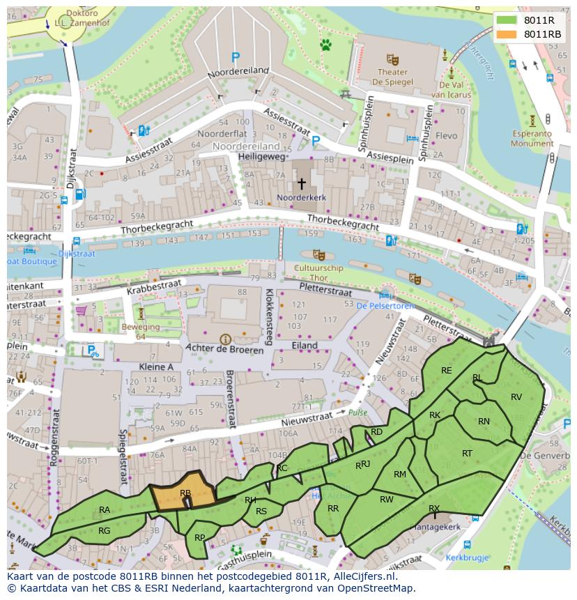 Afbeelding van het postcodegebied 8011 RB op de kaart.