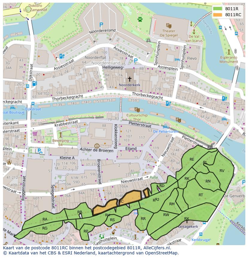 Afbeelding van het postcodegebied 8011 RC op de kaart.