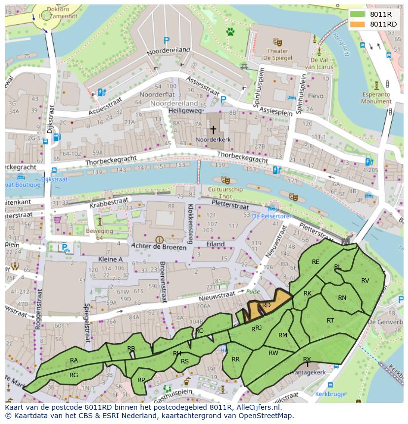 Afbeelding van het postcodegebied 8011 RD op de kaart.