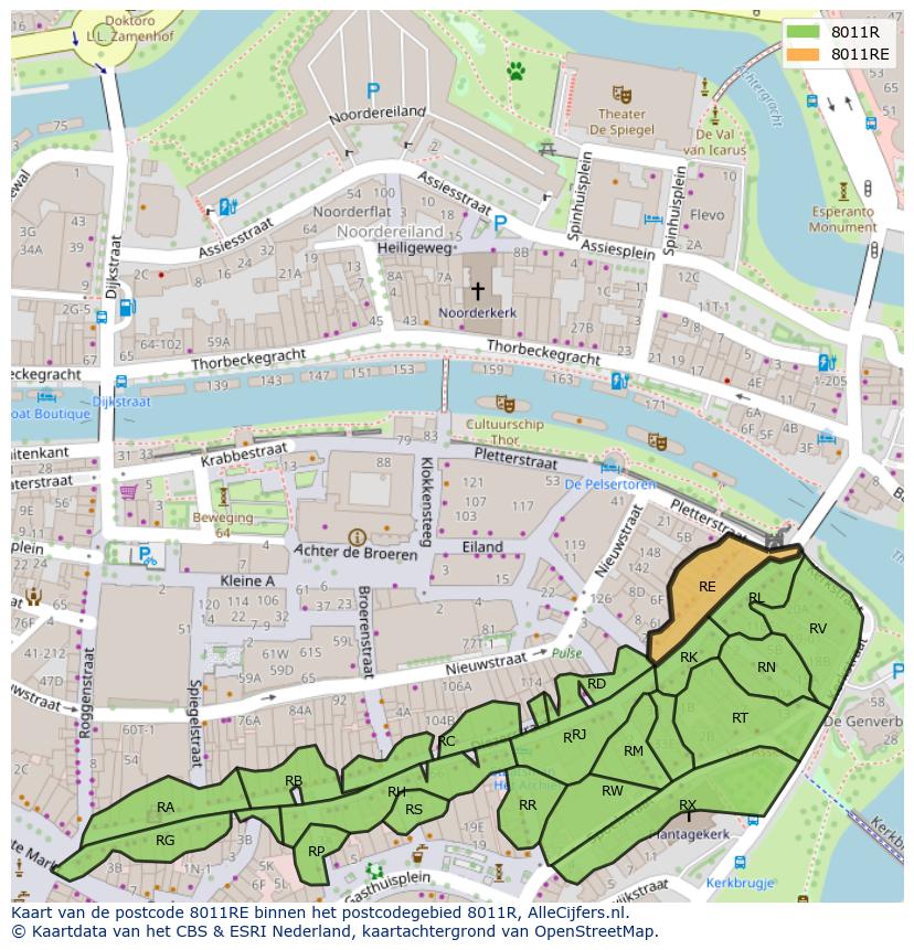 Afbeelding van het postcodegebied 8011 RE op de kaart.