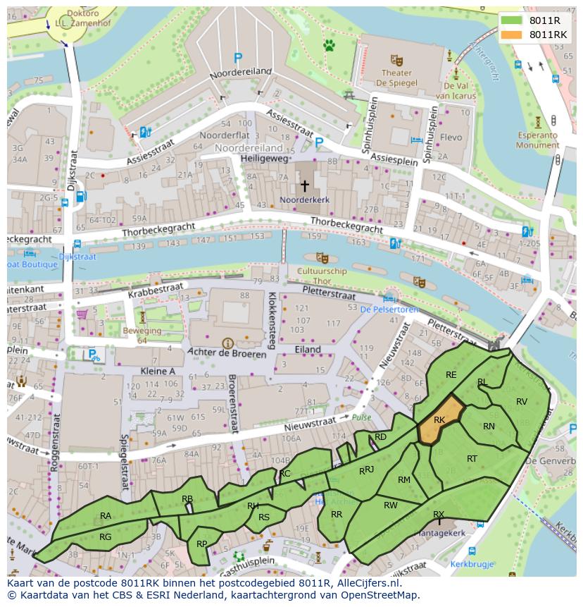 Afbeelding van het postcodegebied 8011 RK op de kaart.